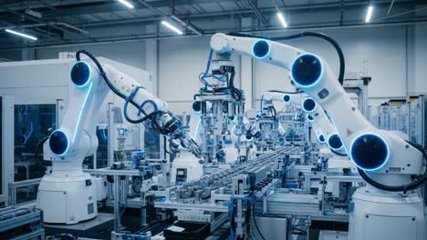 advanced robotics in automated manufacturing: high-tech robotic arms collaborating in precision assembly line operations in a modern industrial environment