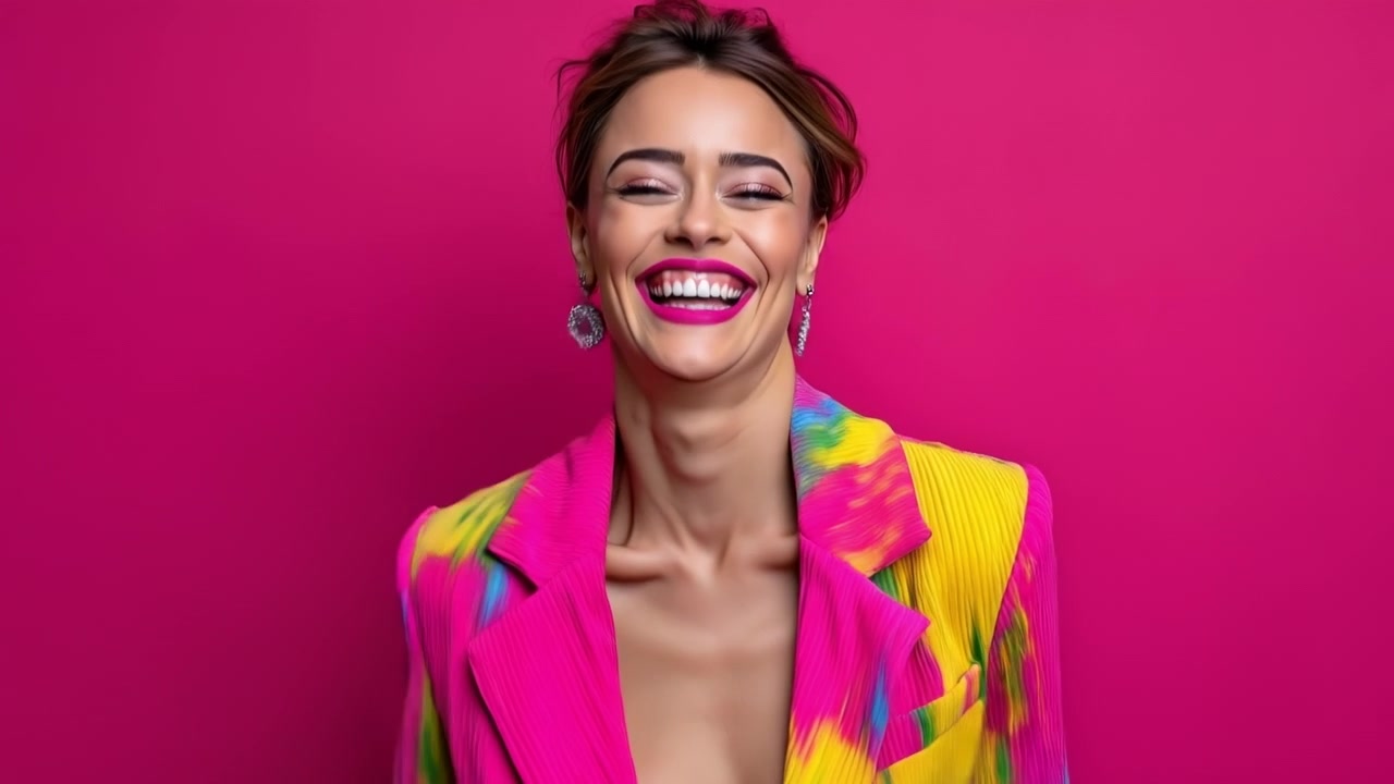 Donna espressiva con blazer colorato che urla con le mani alle orecchie su sfondo rosa.