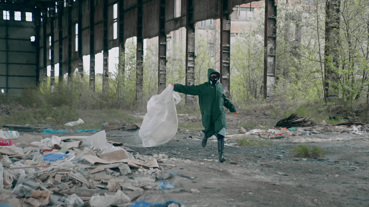 Survivor running in abandoned place. Human in protective suit and gas mask with cloth runs madly in ruined building on garbage background.