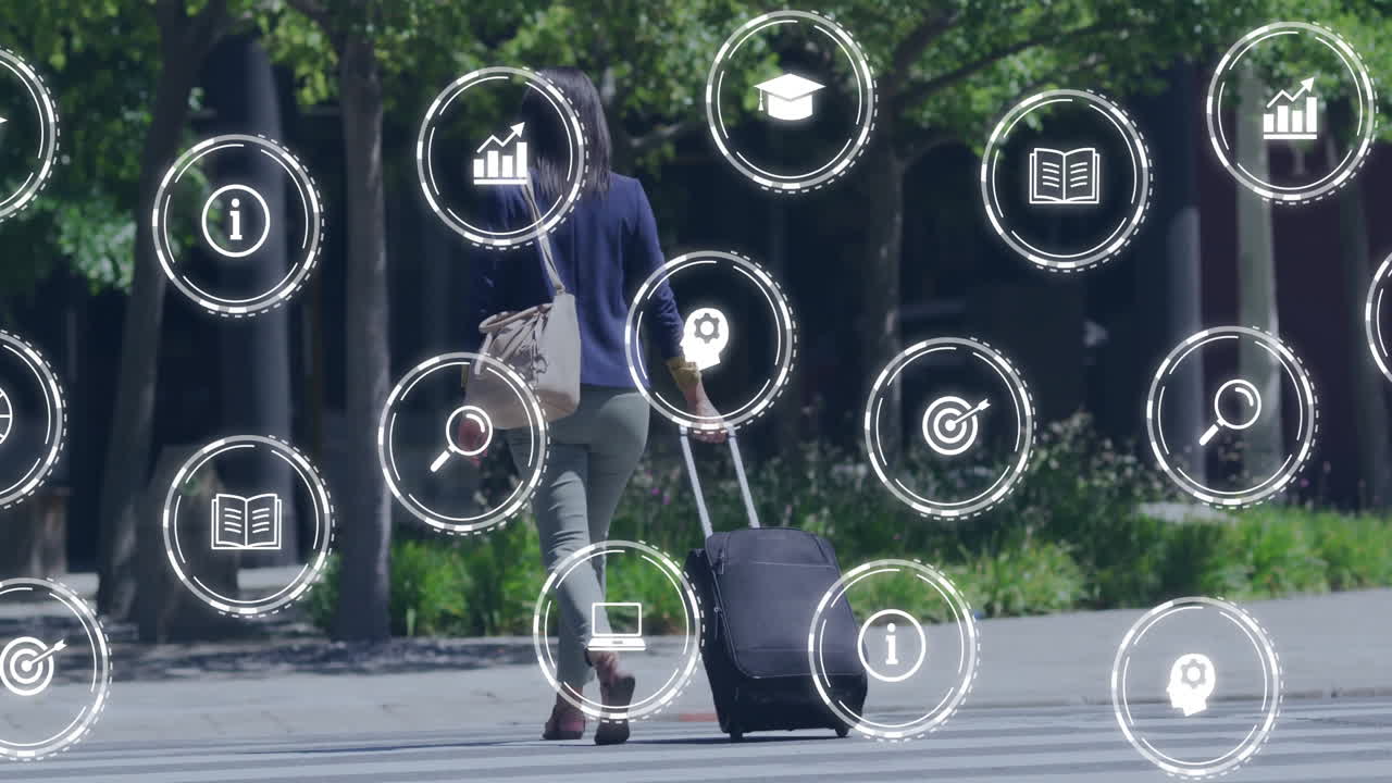 Walking with suitcase, woman surrounded by education and business icons animation