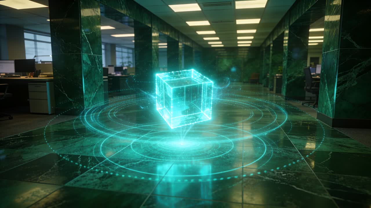 Materializing holographic cyan cube hovering above office corridor, reacting to floor energy rings