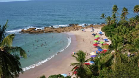 Aerial-drone-landscape-shot-of-the-famous-tourist-destination-Coqueirinhos-beach-in-Paraiba,-Brazil-surrounded-by-palm-trees-with-people-swimming-and-enjoying-the-shade-under-colorful-umbrellas