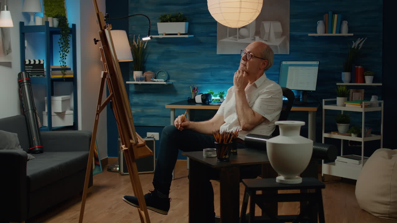 Senior artist looking at vase model to draw on canvas