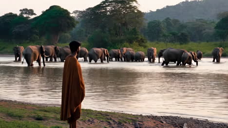 monk watches elephants at riverbank
