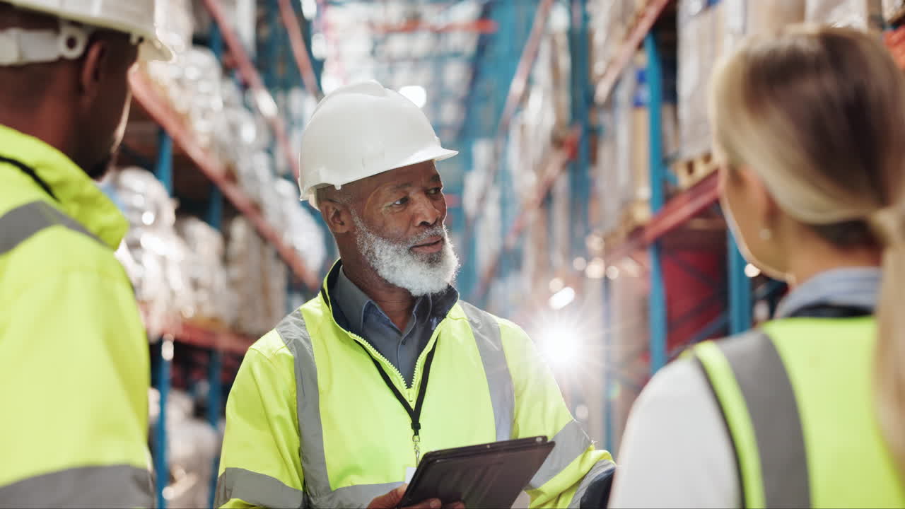 trabajadores del almacén se reúnen y discuten el inventario