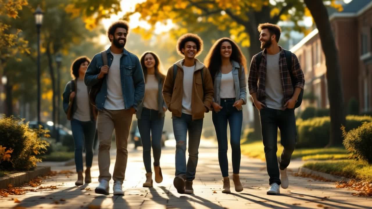 A group of young adults walking and smiling on an autumn path