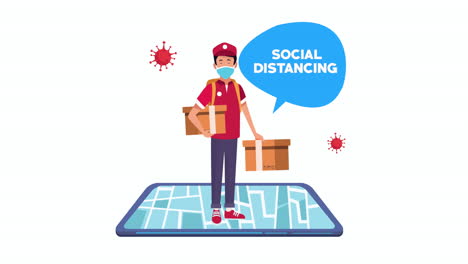 campaña de distanciamiento social con el repartidor en el teléfono inteligente