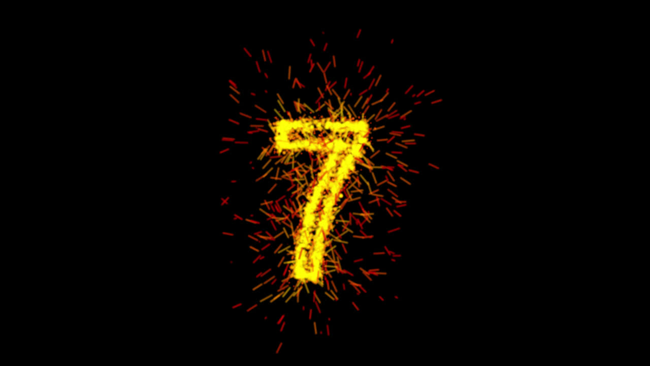 Animazione del numero sette con particelle gialle su sfondo trasparente
