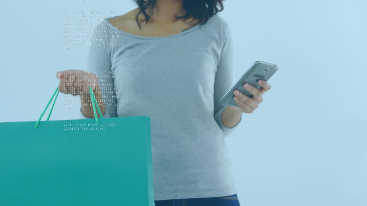 스마트폰을 사용하는 모양과 두 인종의 여성에 대한 데이터 처리의 애니메이션.