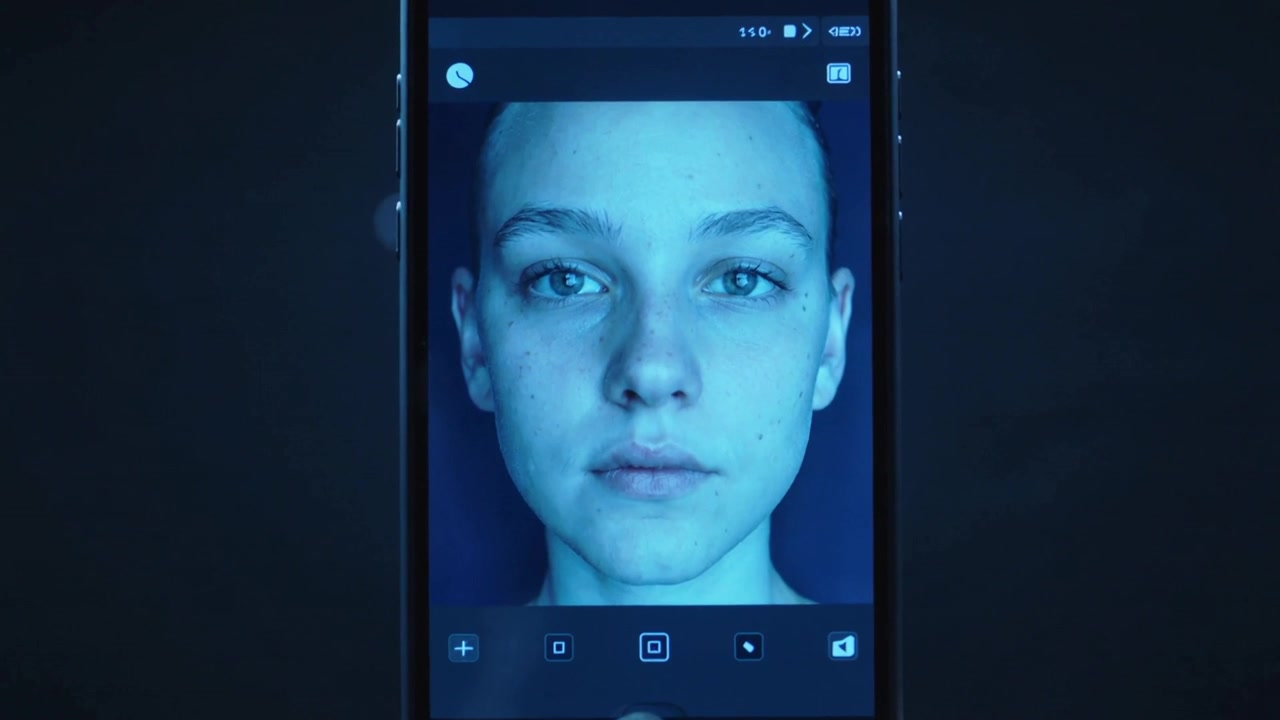 Holding phone, hand tapping UI and zooming woman portrait for facial detail at studio, cool blue