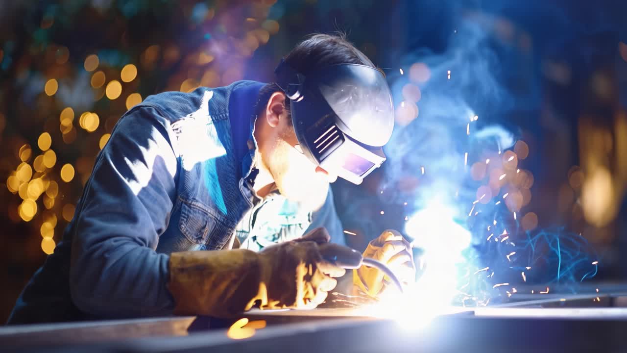 Skilled Welder Engaged in Metal Fabrication with Sparkling Arcs and Vibrant Colors in a Workshop Environment, Showcasing Precision and Craftsmanship