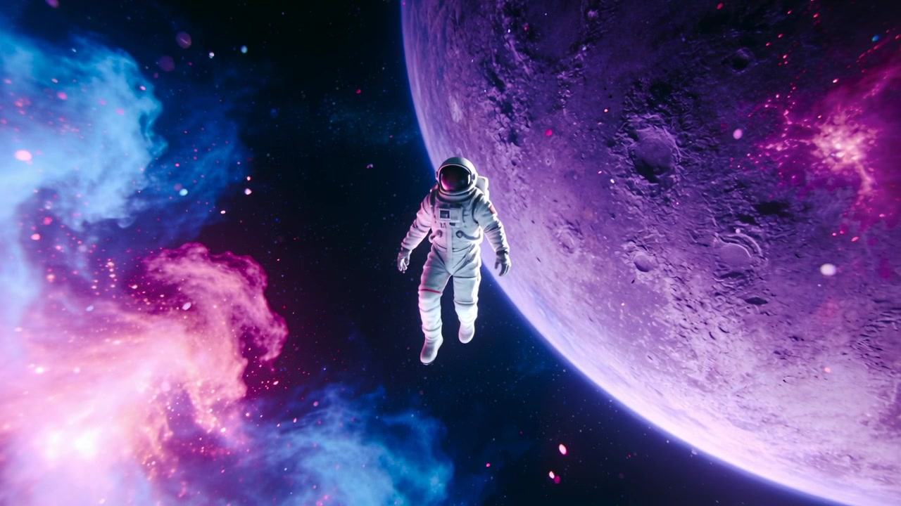 Svævende ubundet astronaut i hvid EVA-dragt driver fremad nær en lilla planet og en blå tåge.