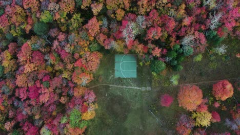 Media-Cancha-De-Baloncesto-Rodeada-De-Un-Increíble-Follaje-Otoñal-De-árboles,-Antena