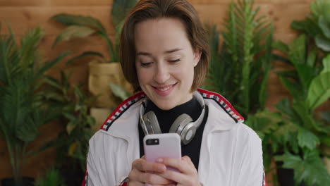 Retrato-De-Una-Atractiva-Joven-Estudiante-Usando-Un-Teléfono-Inteligente-Disfrutando-De-Mensajes-De-Texto-En-Línea-En-Redes-Sociales-En-Teléfonos-Móviles-Comunicación-Digital-Adolescente-Milenario