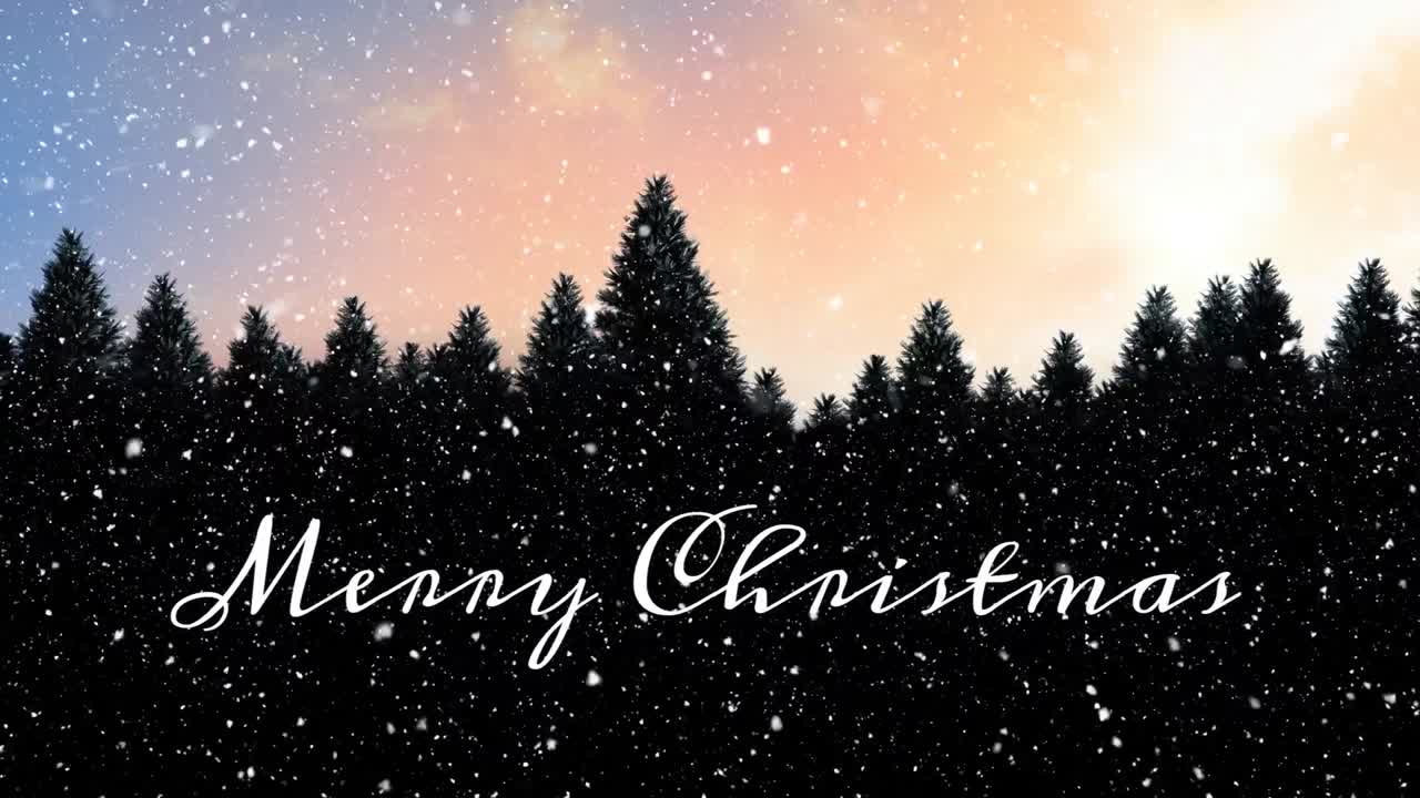 크리스마스 축하 문자와 겨울 풍경 위에 내리는 눈의 애니메이션