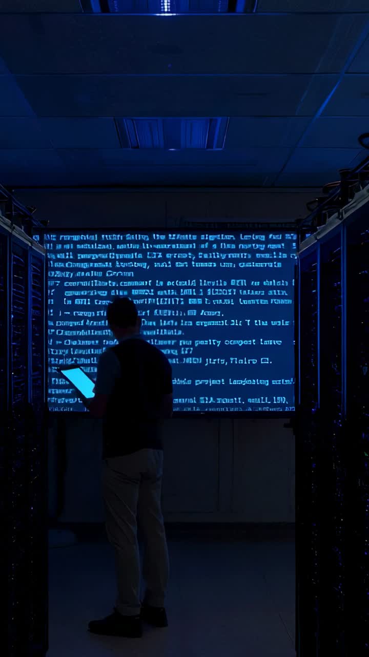 Vertical video: Activating log projection, IT tech comparing tablet logs in server room diagnosing