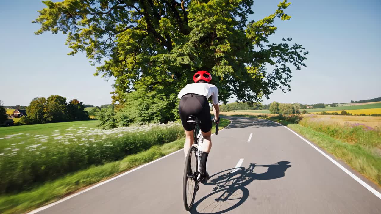 Dynamisk videobillede af en cyklist på en landevej, optaget bagfra i lav vinkel, der viser fart.