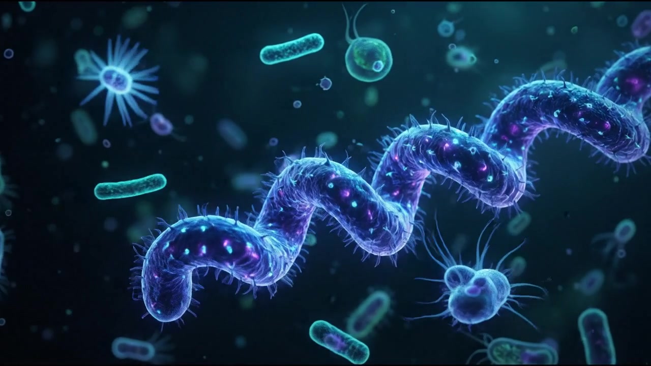 Vista microscopica di batteri a spirale e microrganismi
