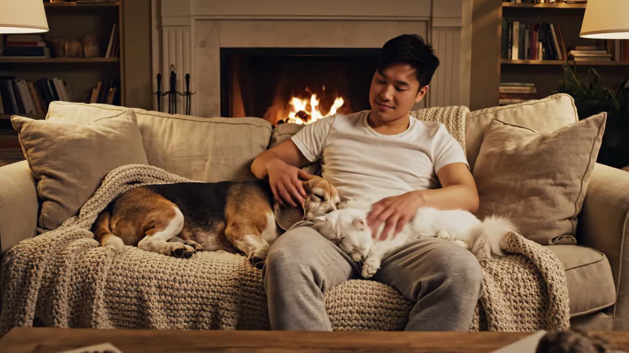 Man relaxing with dog and cat by the fireplace