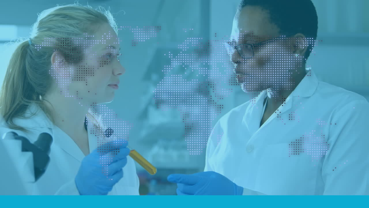 Animation of world map over diverse doctors in lab