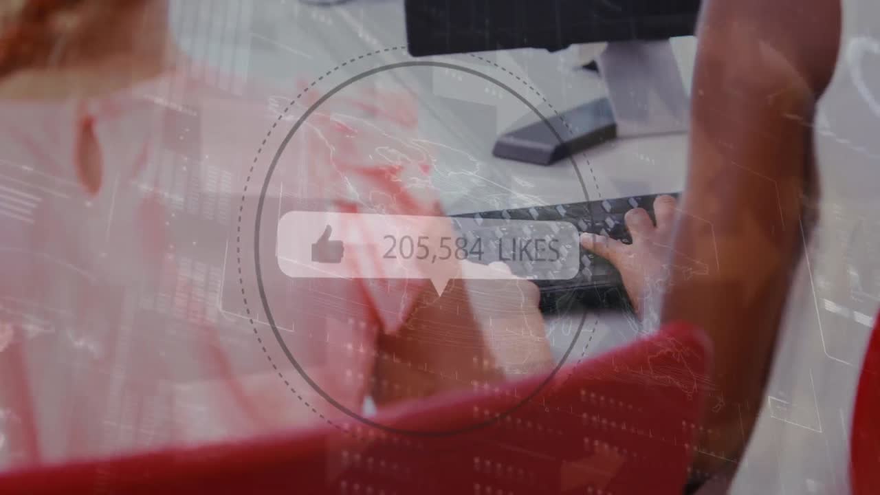 교실에서 데스크 ⁇ 을 사용하는 학생들에 대한 좋아함 카운터와 함께 인포그래픽 인터페이스의 애니메이션