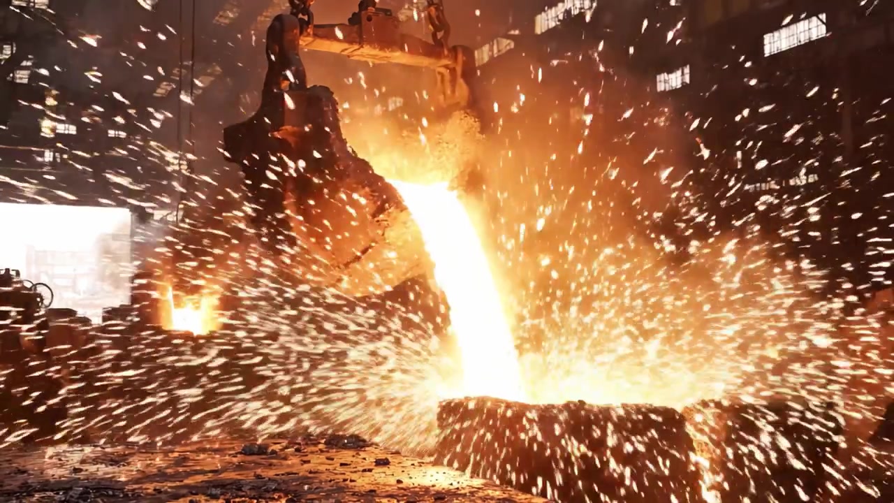 Colata di metallo fuso ad alta temperatura in una fonderia: scene accattivanti di calore estremo e processi industriali in un moderno impianto di produzione metallurgica