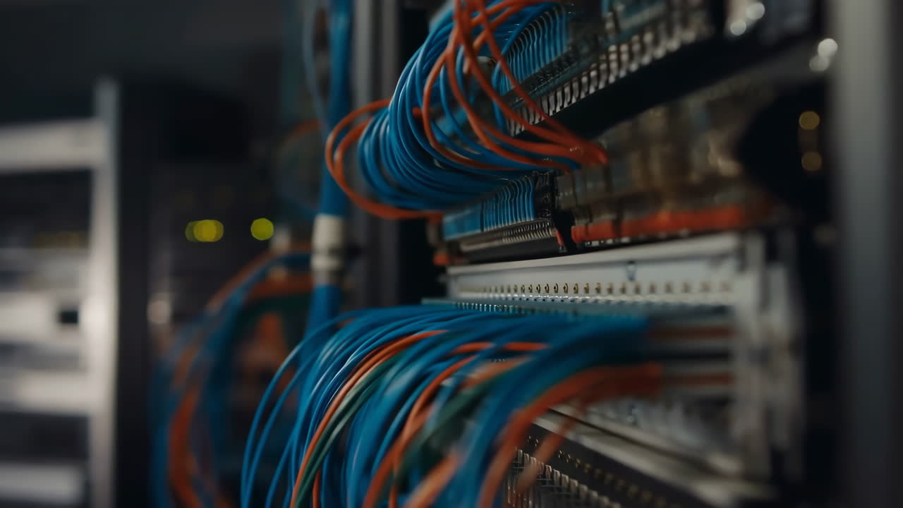 Close-up of network cables in a server rack