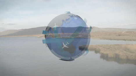 digital globe spinning at center, displaying airplane icons and travel markers over calm lakeside