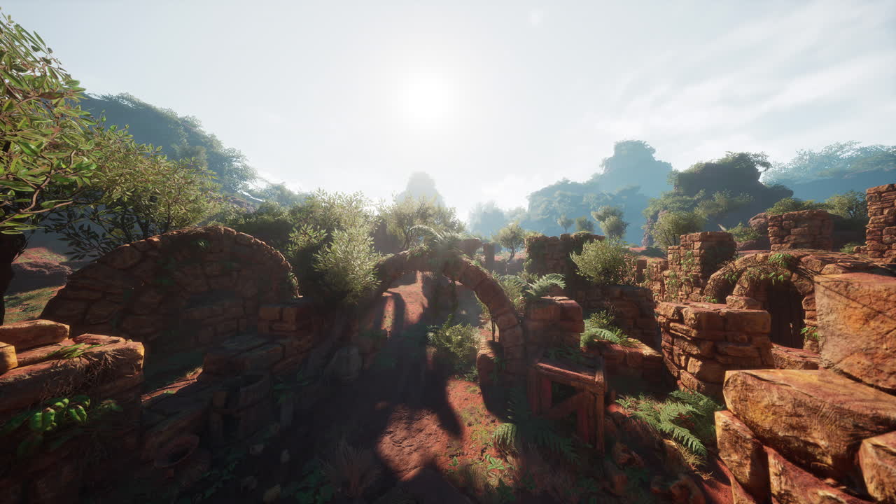 antiguas ruinas con exuberante vegetación bajo un sol brillante en un entorno tranquilo