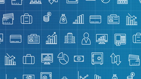 animation of rows of business icons moving on blue background