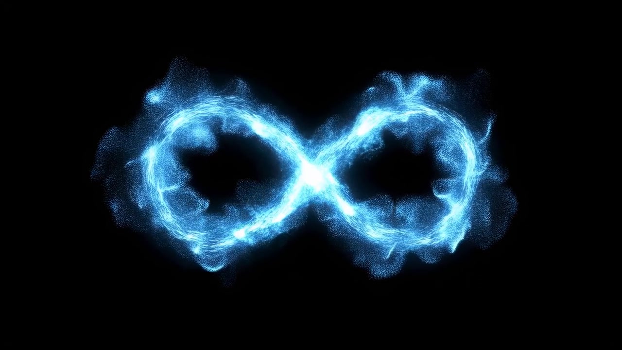 Blue Plasma Infinity Symbol Burning Bright In Dark Void, Electric Glow Pulses And Shimmering Smoke Form