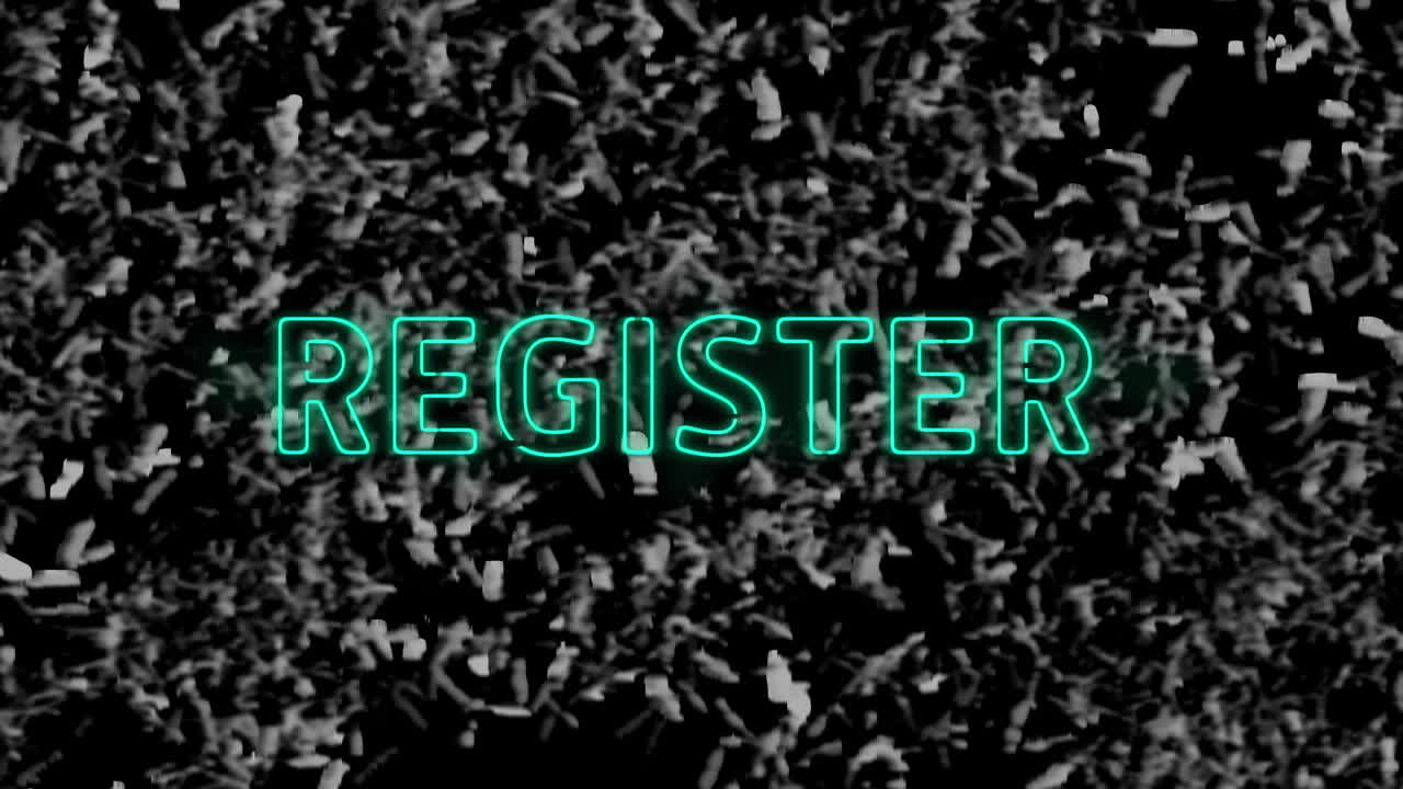 단색 잔디 배경에 파란색 네온 텍스트의 애니메이션, 레지스터
