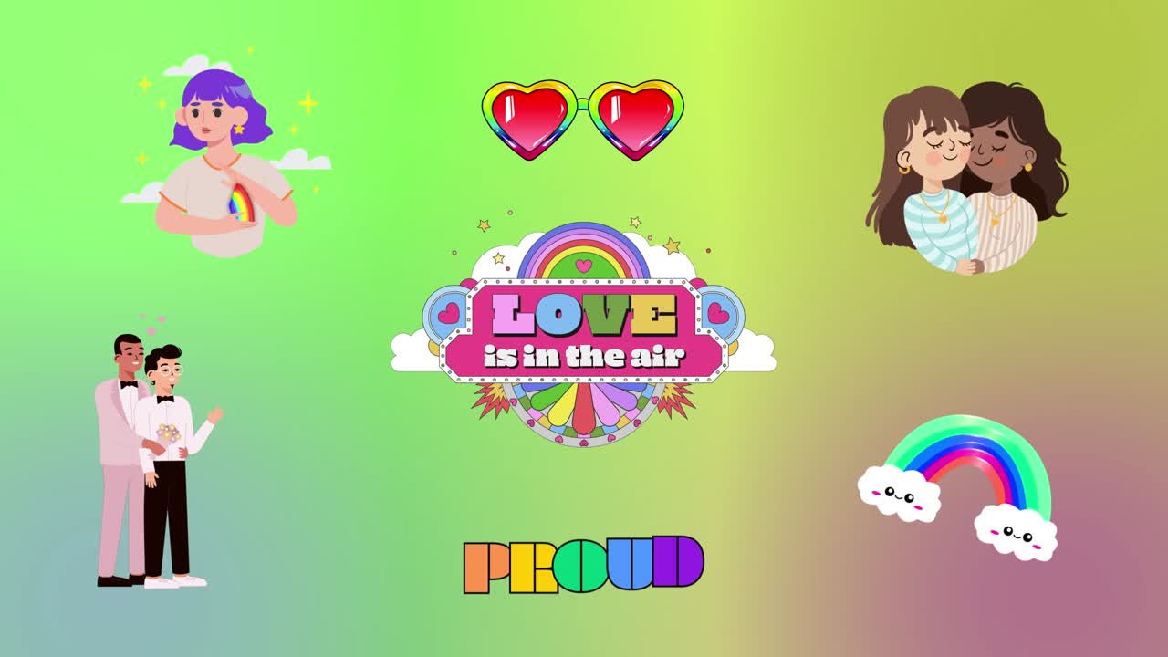 ภาพเคลื่อนไหวสัญลักษณ์แห่งความภาคภูมิใจและความรักของ LGBTQ+ บนพื้นหลังไล่ระดับสี
