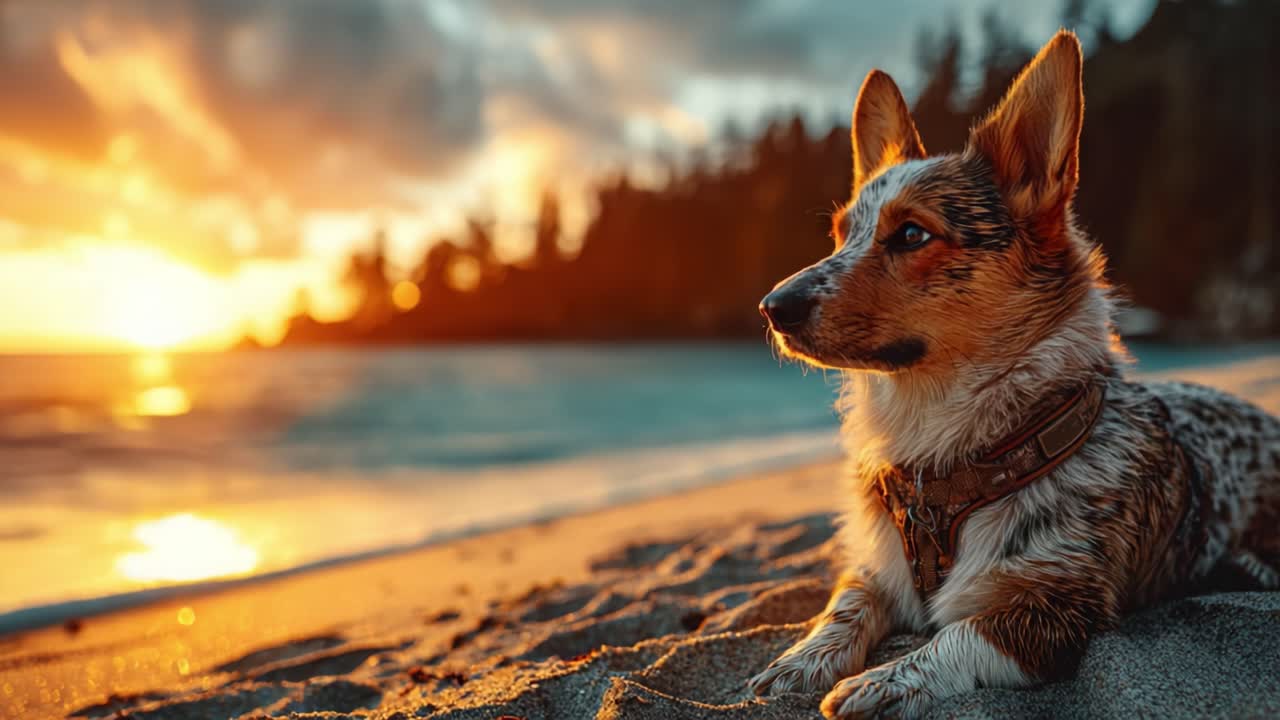 Un bellissimo Corgi che si rilassa sulla spiaggia durante un tramonto mozzafiato, catturando la serenità della natura e il legame tra gli animali domestici e il loro ambiente.