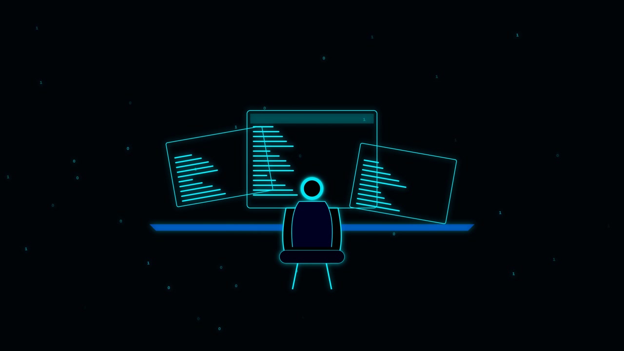 Animazione grafica al neon di un programmatore che lavora su più schermi