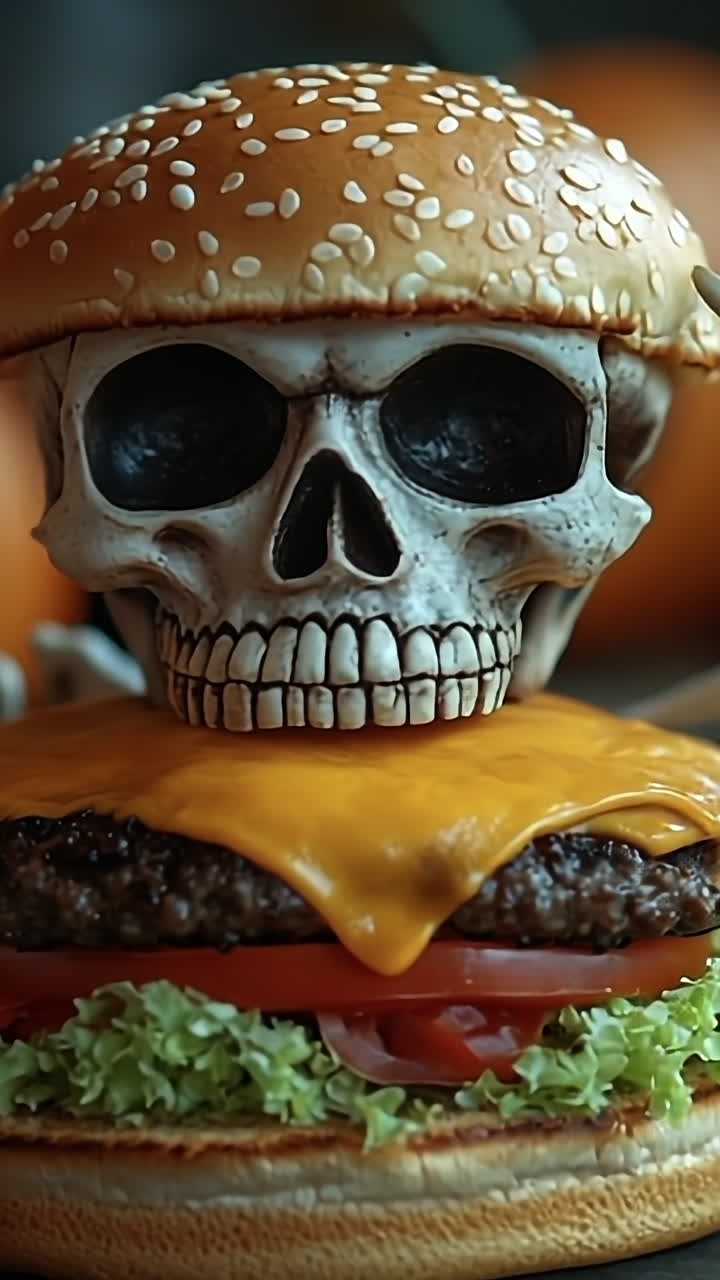 Skeleton mascot joins Halloween burger!. A playful skeleton holds a cheeseburger surrounded by pumpkins and autumn leaves, celebrating the Halloween spirit.