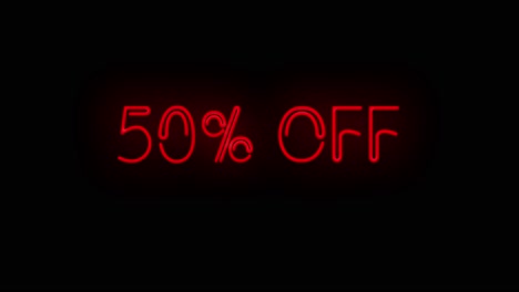 neón parpadeante 50% de descuento señal de color rojo en fondo negro encendido y apagado con parpadeo