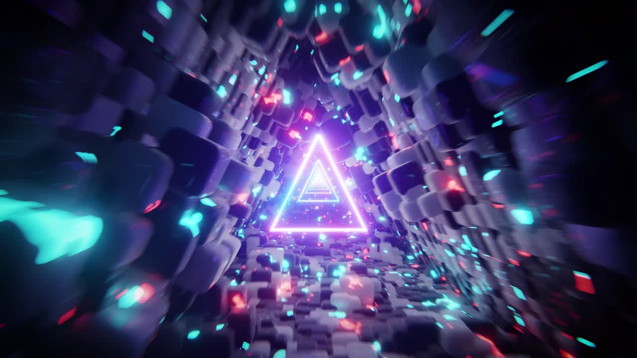 Flyver gennem abstrakt neon geometrisk tunnel med glødende trekant