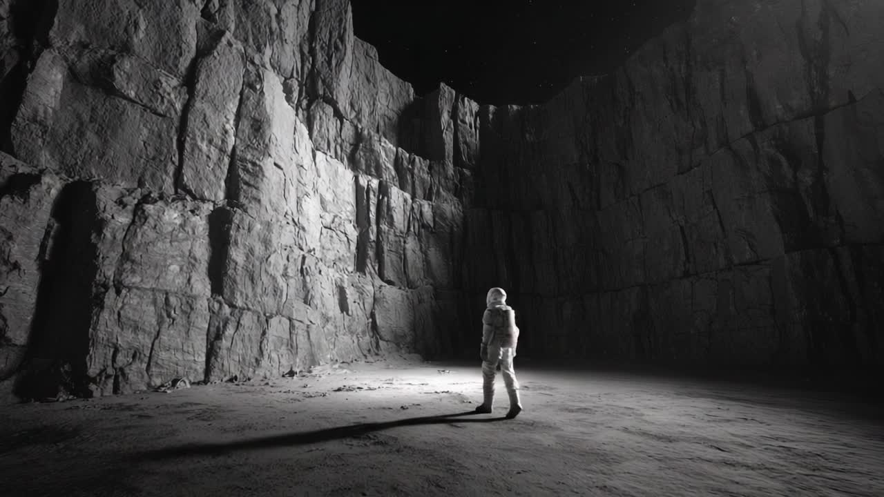 A solitary astronaut stands amidst towering rock formations on a desolate lunar-like landscape, capturing the stark beauty and isolation of space exploration