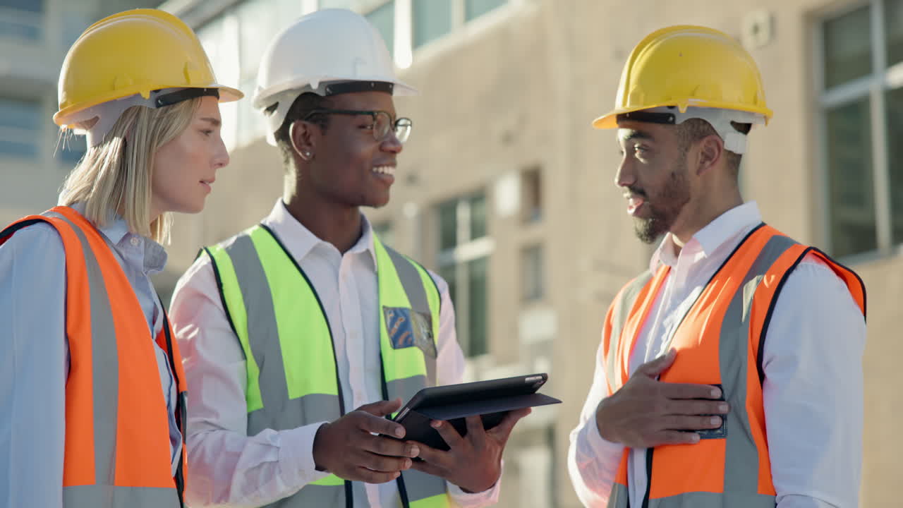 Architecture, tablet and people with manager