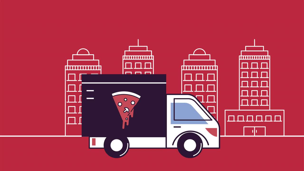 delivery pizza food truck on the city animation