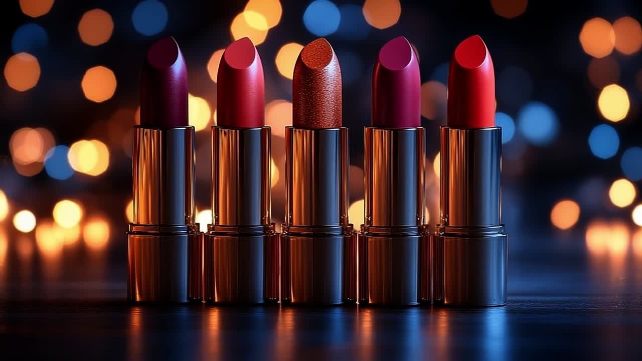 Bright lipsticks with lights. Five vibrant lipsticks in shades glow against twinkling lights in a charming evening setting.