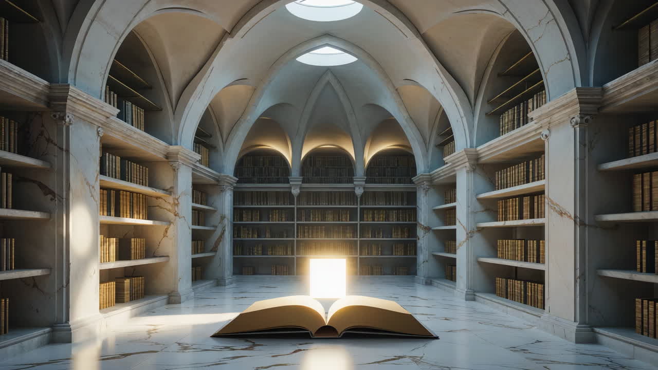 Mystical Open Book Illuminating a Grand Ancient Library