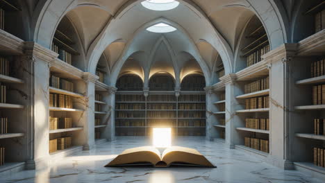 mystical open book illuminating a grand ancient library