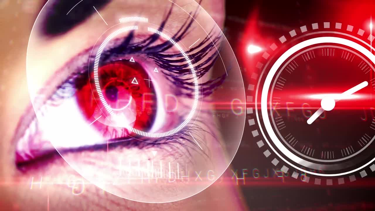 animación de escaneo de alcance y reloj sobre el ojo de la mujer caucásica