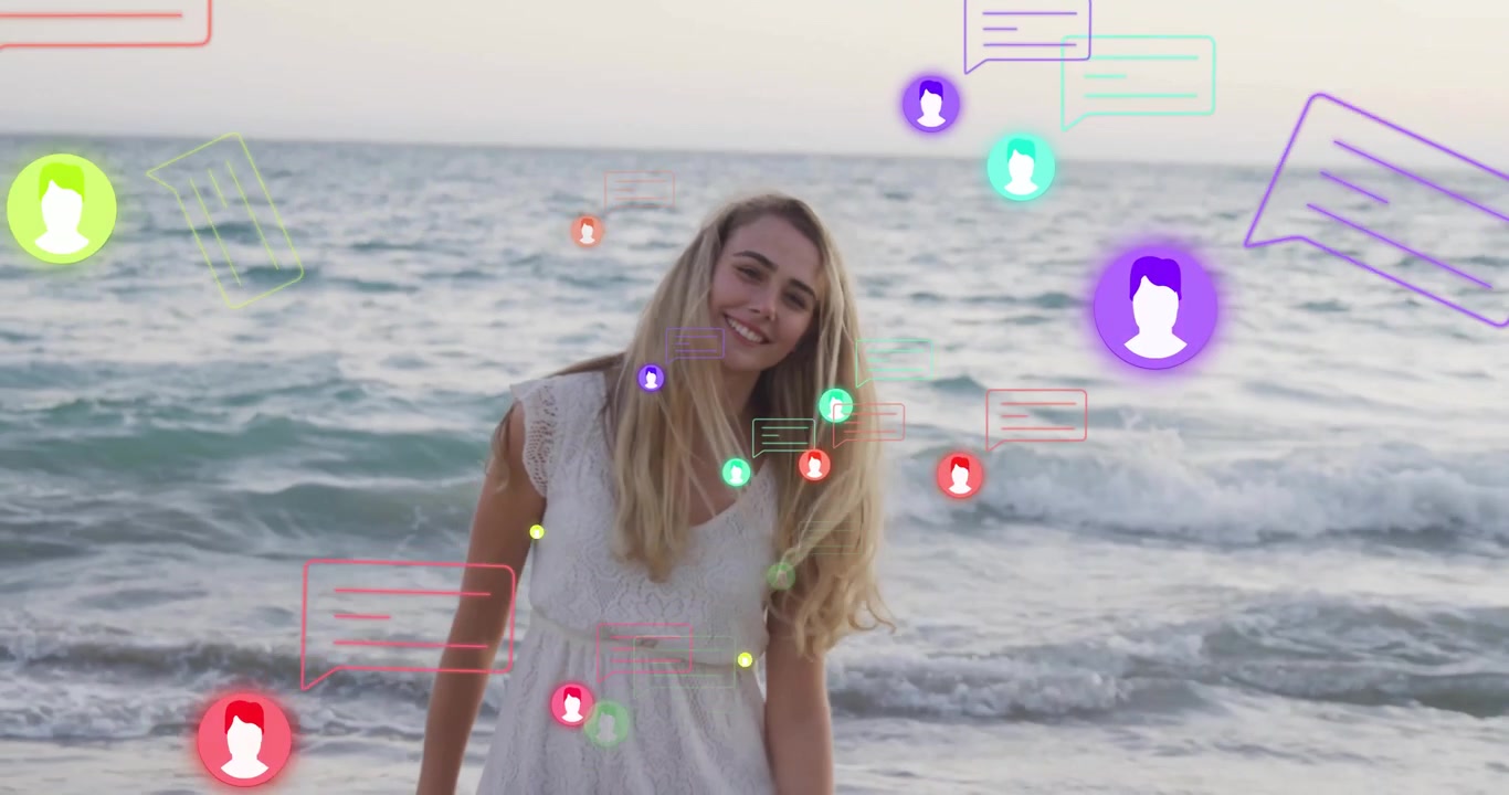 Walking barefoot leaving surf, woman smiling, social media icons swirling around her for marketing