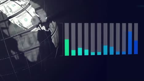 animación del procesamiento de datos estadísticos y globo giratorio de billetes de dólares estadounidenses