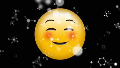 animación digital de estructuras moleculares flotando sobre un emoji de cara ruborizada contra un fondo negro