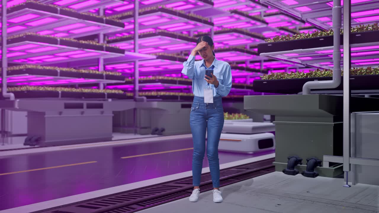 Full Body Of An Asian Female Professional Worker Standing With Her Smarphone In Vertical Farm, High-tech Industrial Facility, She Is Nodding Her Shead With Dissapionted
