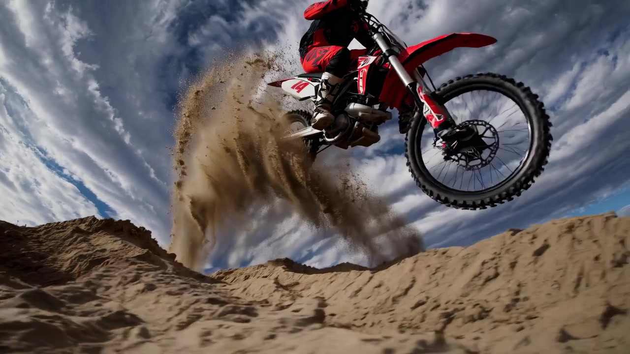 Piloto de Motocross Salta sobre uma Duna de Areia Levantando Poeira